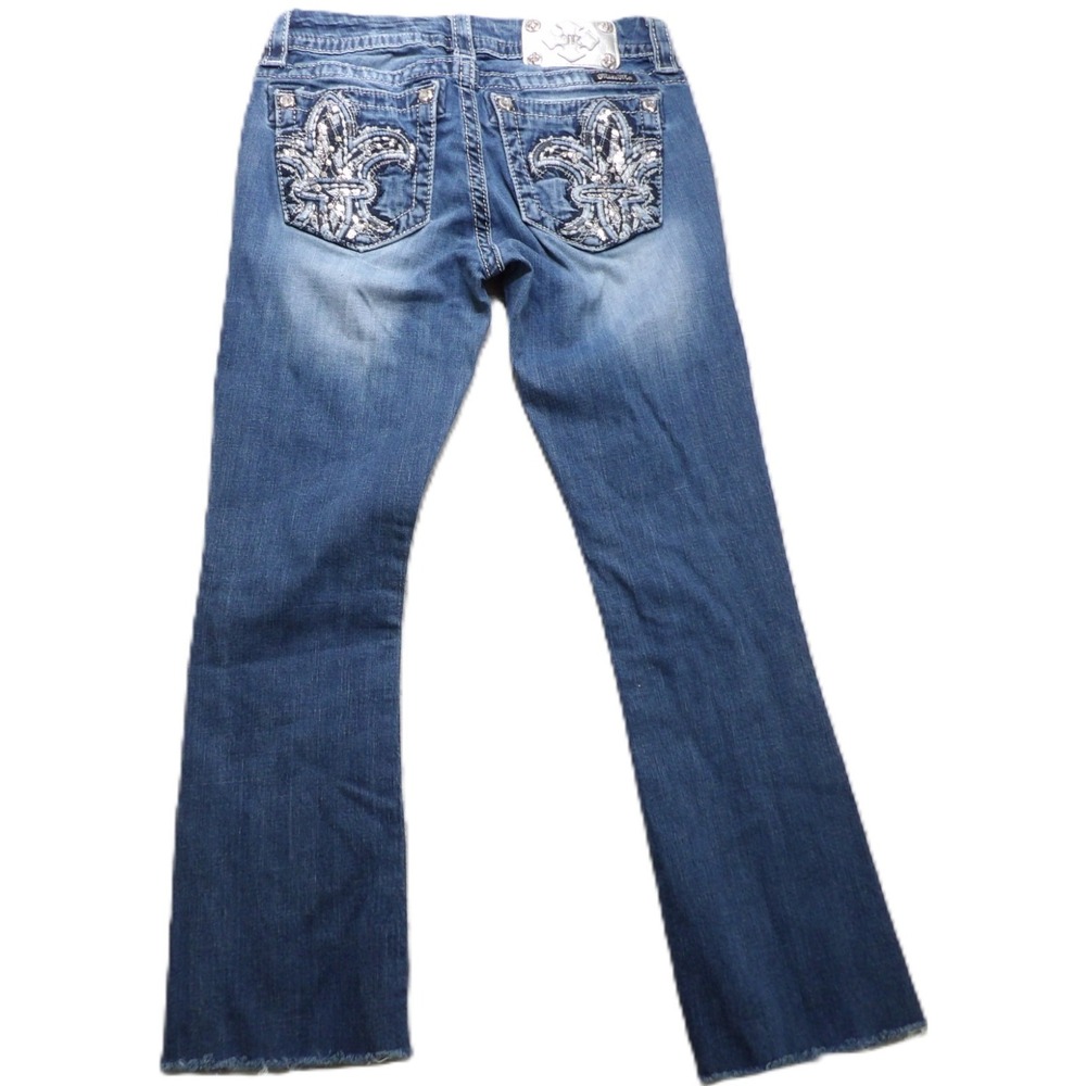 Miss Me Easy Boot Jeans Women 25 Blue Mid Rise Fleur De Lis Sequins Cropped Logo